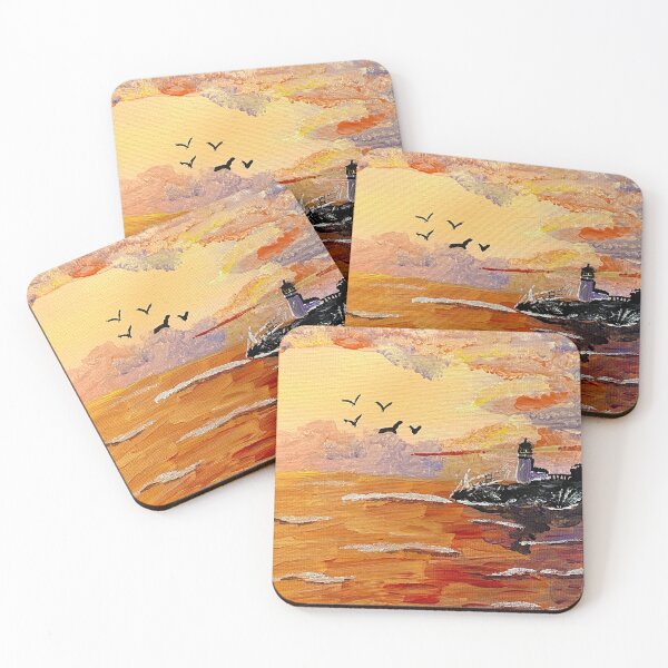 Item preview, Lighthouse at Sunset - Dramatic Orange Sky Over Stormy Sea designed and sold by stainsbystev.