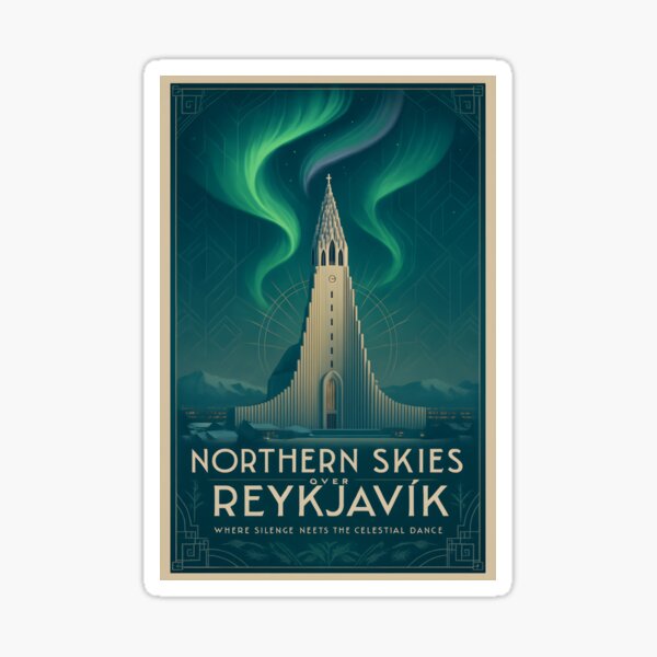 Item preview, Art Deco Reykjavik Iceland Night Scene with Aurora Borealis designed and sold by Cosmopolis.