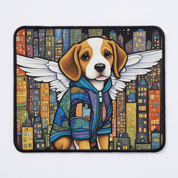 Item preview, Puppy as an Angel with wings flying above a city designed and sold by Colin Bentham.