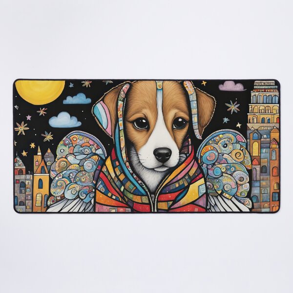 Item preview, Puppy as an Angel with wings flying above a city designed and sold by Colin Bentham.