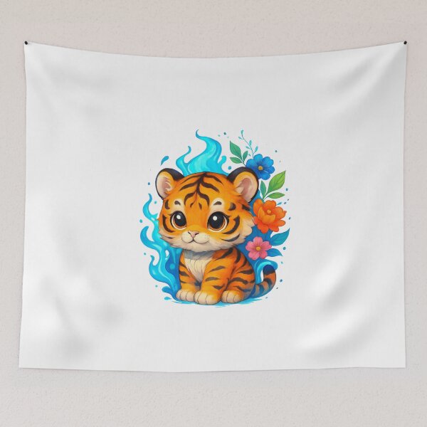 Item preview, Chibi Tiger with Blue Flames and Floral Aura – Cute & Fierce Anime Style Art designed and sold by ColorSplash123.