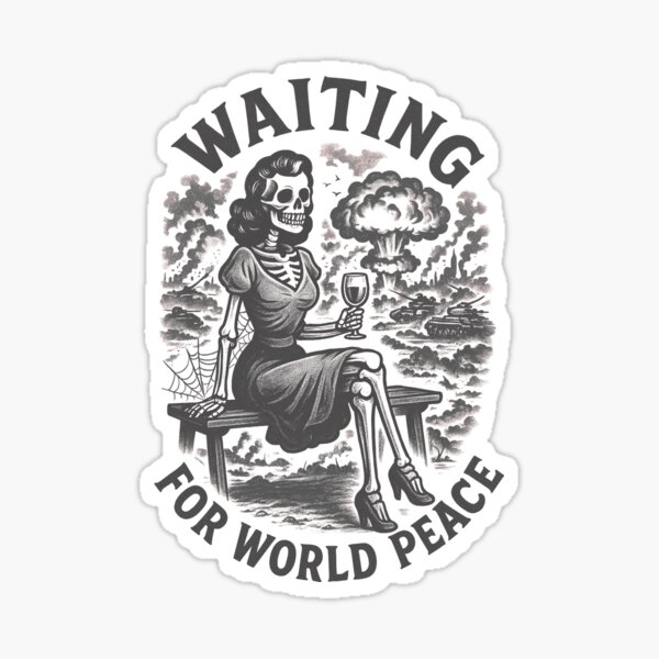 Item preview, Waiting for World Peace – Vintage Skeleton Pinup | Dark Humor Atomic Bomb Design designed and sold by Thehatinthecat.