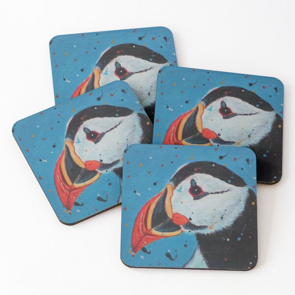 Item preview, Blue Puffin Acrylic Painting with splash effect background  designed and sold by Suzanne Thomson.