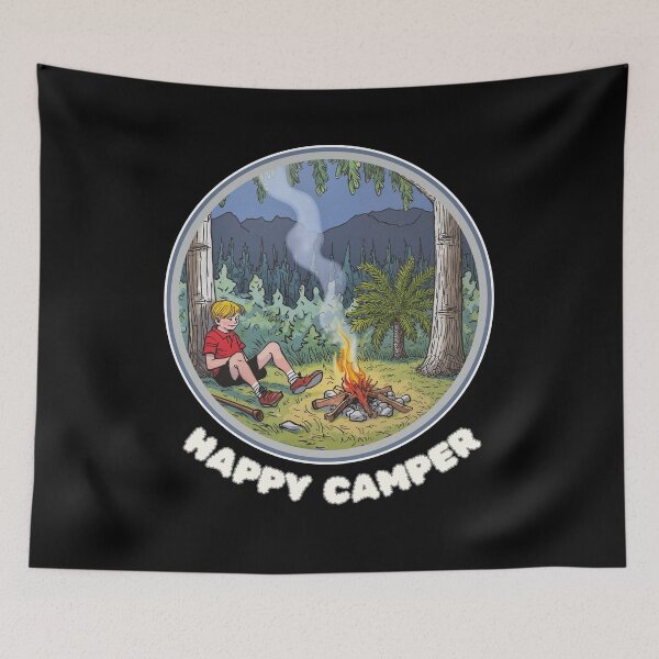 Artikelvorschau, Happy Camper Vintage Illustration - Lagerfeuer-Abenteuer entworfen und verkauft von Fikuall.