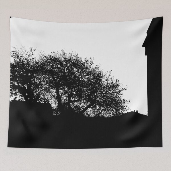 Item preview, Stark black and white silhouette of tree and building designed and sold by Dryft7.