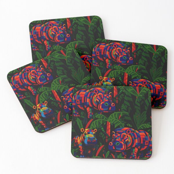 Item preview, Neon Geometric Jungle Hippos – Seamless Pattern on Dark Background designed and sold by Marwamay.