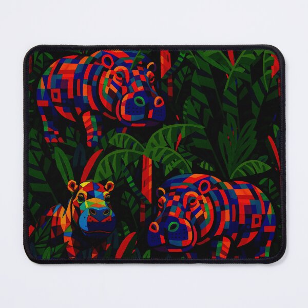 Item preview, Neon Geometric Jungle Hippos – Seamless Pattern on Dark Background designed and sold by Marwamay.