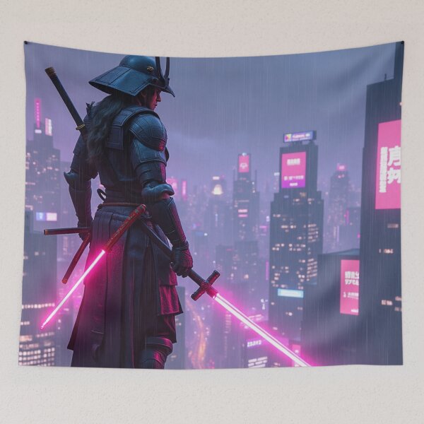 Item preview, Cyberpunk Samurai Warrior – Neon Blade Ronin in Futuristic Cityscape designed and sold by Valora and Fern.