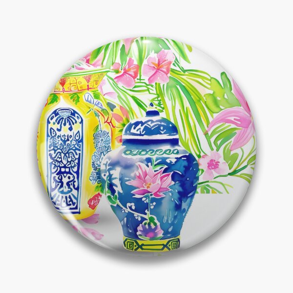 Item preview, Preppy chinoiserie jars and tropical flowers watercolor painting designed and sold by SophieClimaArt.