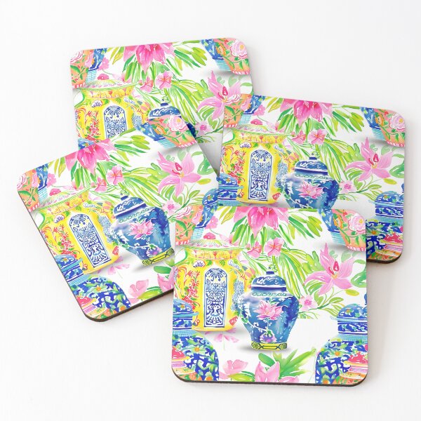 Item preview, Preppy chinoiserie jars and tropical flowers watercolor painting designed and sold by SophieClimaArt.