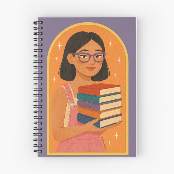 Item preview, Bookish Girl Illustration – Pink Overalls & Colorful Books designed and sold by luckygirllib.