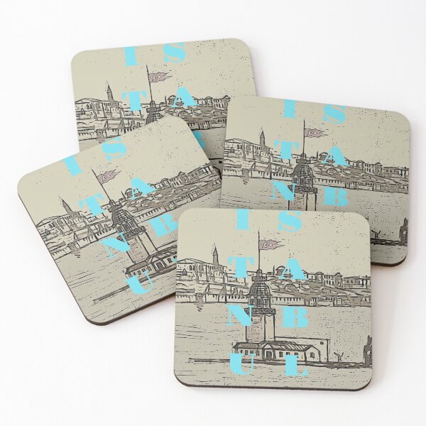 Item preview, Istanbul landscape in black and white with Maiden Tower and Istanbul wording in blue  designed and sold by wallartofmio.