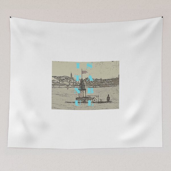 Item preview, Istanbul landscape in black and white with Maiden Tower and Istanbul wording in blue  designed and sold by wallartofmio.
