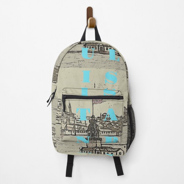 Item preview, Istanbul landscape in black and white with Maiden Tower and Istanbul wording in blue designed and sold by wallartofmio.