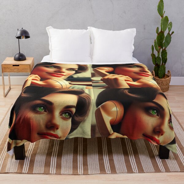 Item preview, 1980s Retro Phone Girl – Brown Hair Green Eyes Portrait designed and sold by EmeraldeaArt.