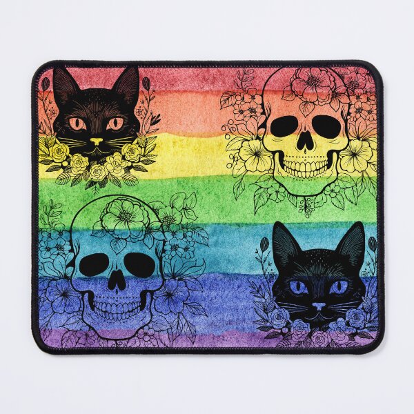 Item preview, Rainbow Cat & skull with flowers  designed and sold by paintedblackcat.