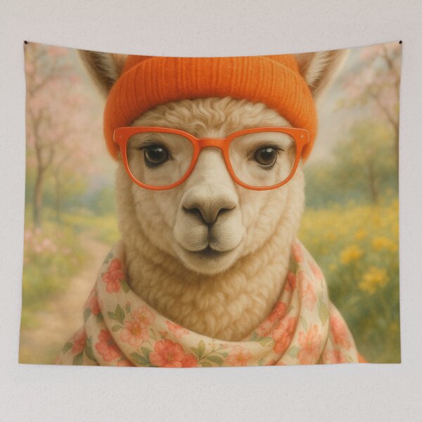 Item preview, Spring alpaca with hat – hipster portrait in a pastel garden designed and sold by Bernd Friese.