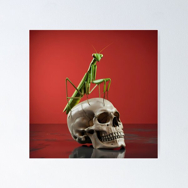 Item preview, Praying mantis standing on human skull designed and sold by FrameFiction3D.