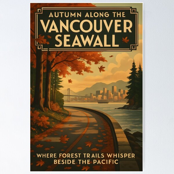 Item preview, Art Deco Vancouver Seawall in Autumn, Canada Travel Scene designed and sold by Cosmopolis.