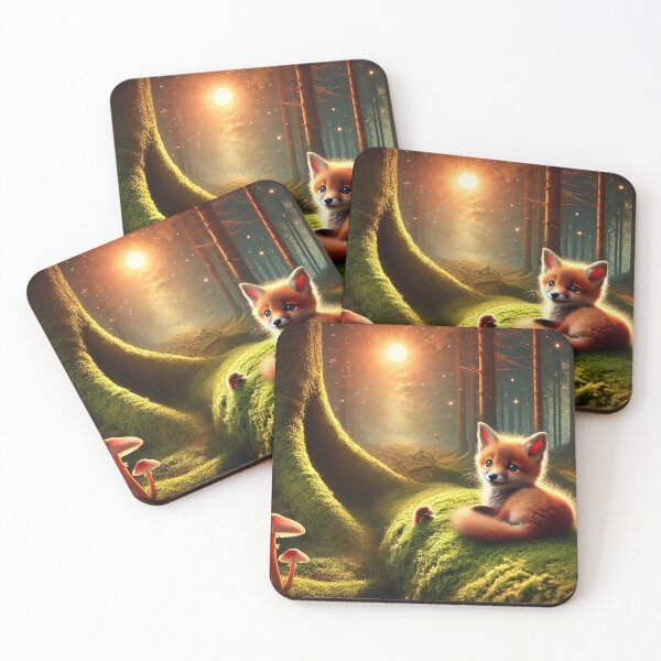 Item preview, Fox lies comfortably on a moss-covered forest floor between two large oaks designed and sold by MADandSANE-MArt.