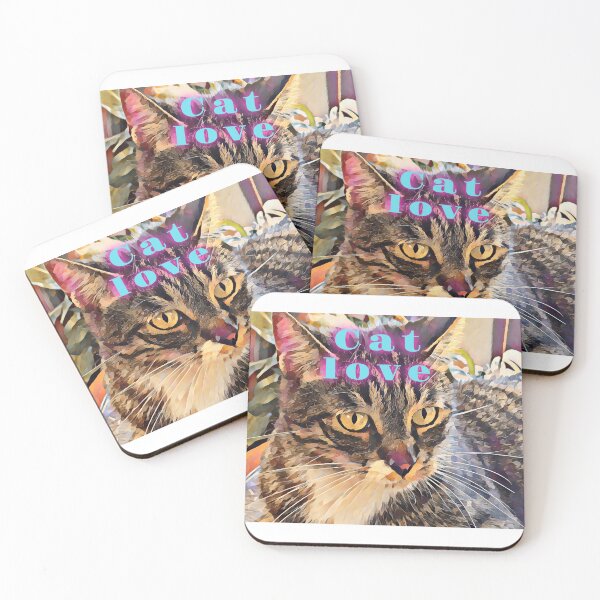 Item preview, Pure cat love with a stray cat portrait and cat love wordings in blue and pink colours  designed and sold by wallartofmio.