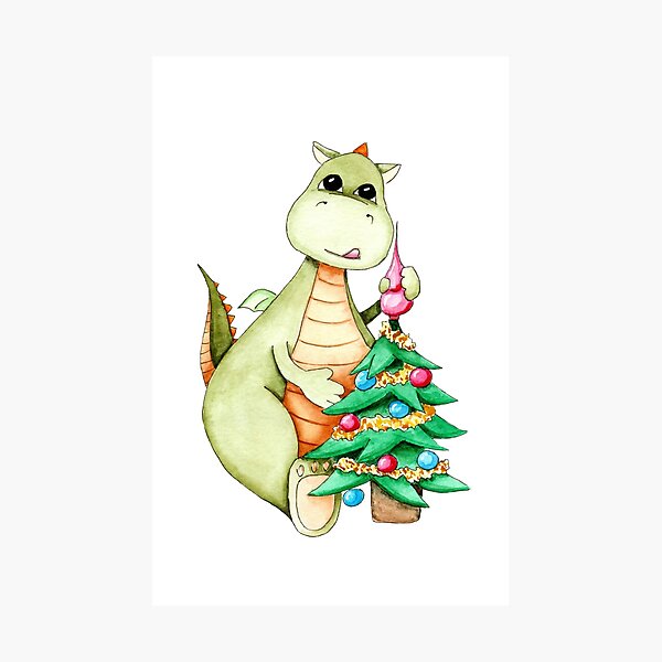 Item preview, Cute green watercolor dragon with decorated Christmas tree  designed and sold by MilediVinter.
