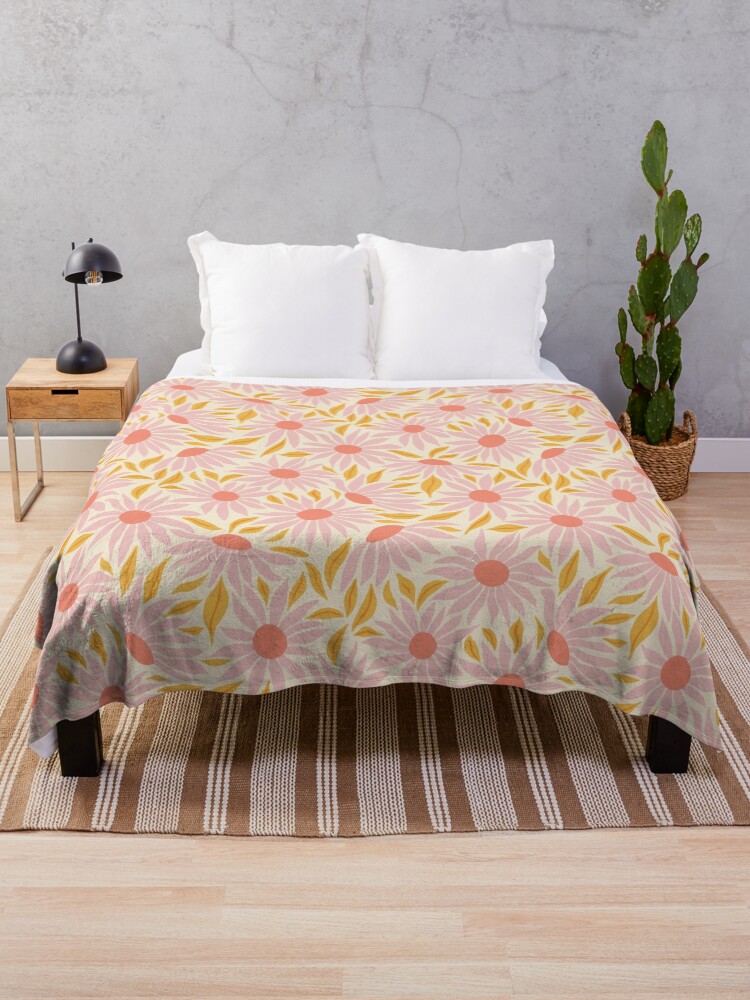 Thumbnail 1 of 6, Throw Blanket, Sunflowers - Pink and gold on cream by Cecca Designs designed and sold by Cecca-Designs.