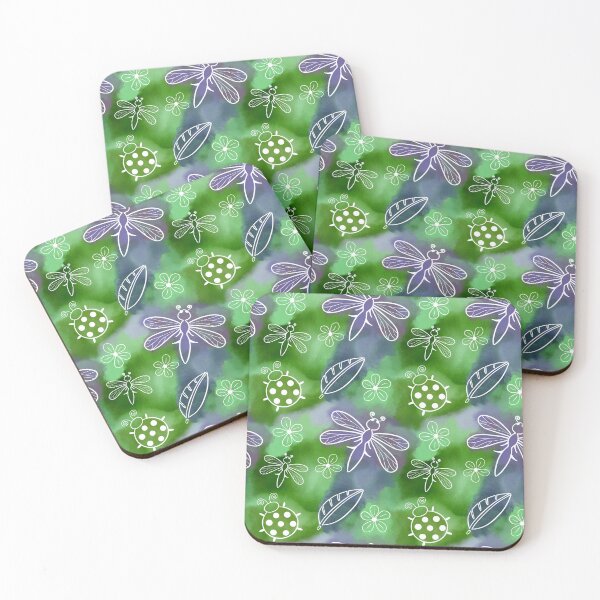 Item preview, Romantic pattern with ladybug and dragonfly on watercolor green blue designed and sold by Na-Tasch-A.