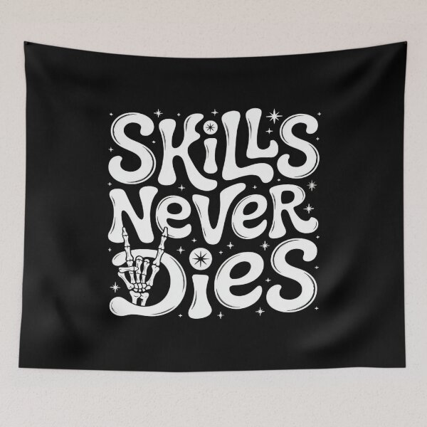 Item preview, Skills NEVER DIES Retro Rock Hand Skeleton Typography Poster Design designed and sold by ARTReMi.