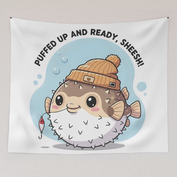 Item preview, Puffed Up and Ready, Sheesh! – Kawaii Pufferfish Meme Digital Art designed and sold by AnnDesignStudio.