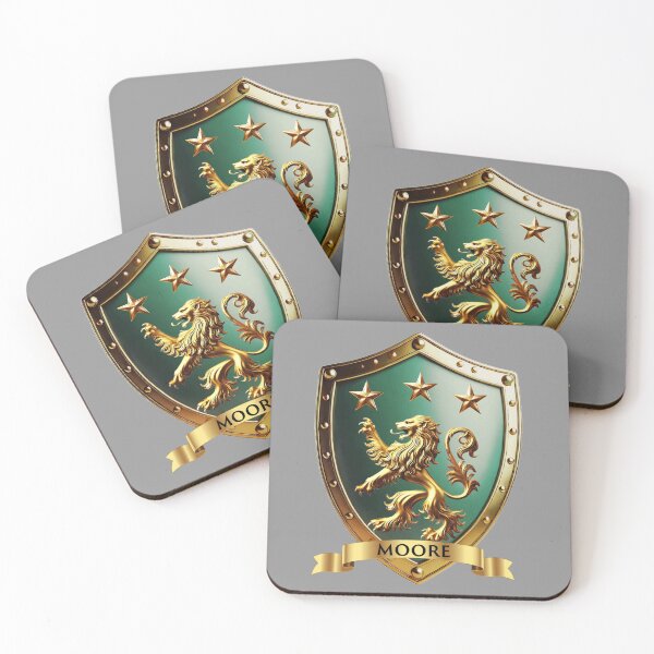 Item preview, Moore Coat of Arms – Gold Lion & Stars with Name Banner designed and sold by Highlandkings.