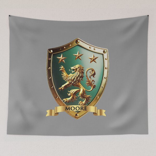 Item preview, Moore Coat of Arms – Gold Lion & Stars with Name Banner designed and sold by Highlandkings.