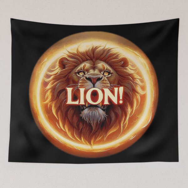 Item preview, Image 6/6 of a fantasy lion with the large phrase "LION!" in the center inside a circle. designed and sold by Giulivo Store Graphic.