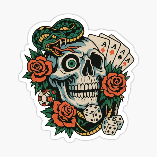 Item preview, “Lucky Death – Skull, Snake & Aces Tattoo Design” designed and sold by 3x3x3am.