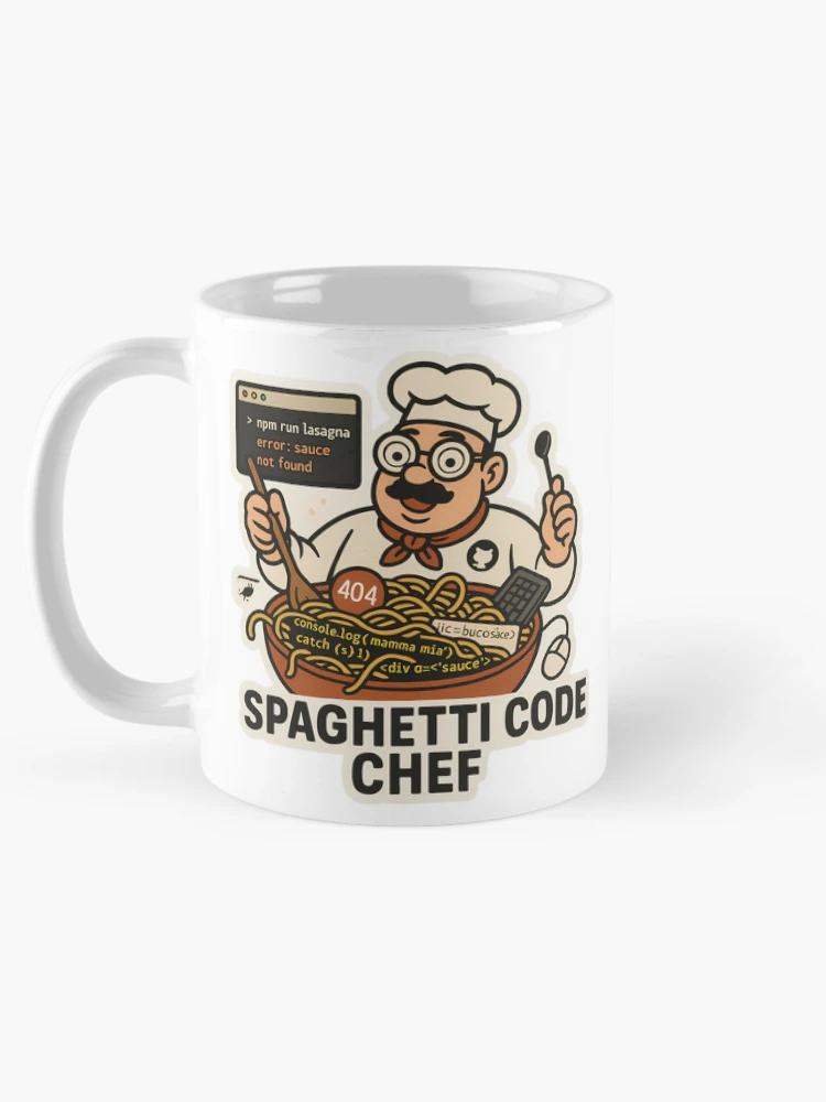 Aperçu 5 sur 6. Mug à café avec l'œuvre Spaghetti Code Chef créée et vendue par SoftwareStickers.