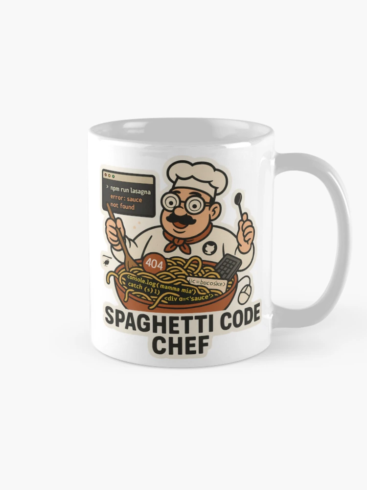 Aperçu 3 sur 6. Mug à café avec l'œuvre Spaghetti Code Chef créée et vendue par SoftwareStickers.