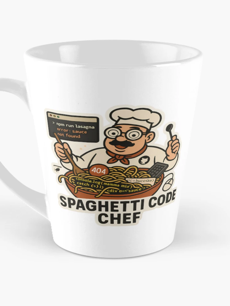Aperçu 3 sur 4. Mug à café avec l'œuvre Spaghetti Code Chef créée et vendue par SoftwareStickers.