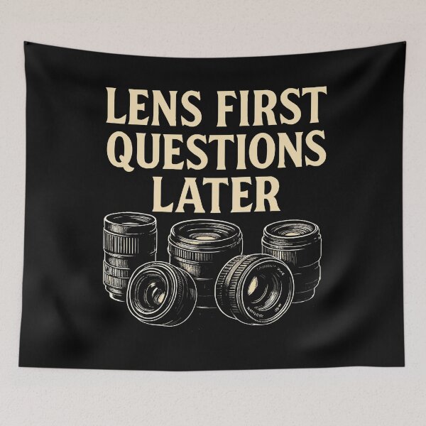 Item preview, Lens First Questions Later Photography Tee designed and sold by ThreadQuirk.