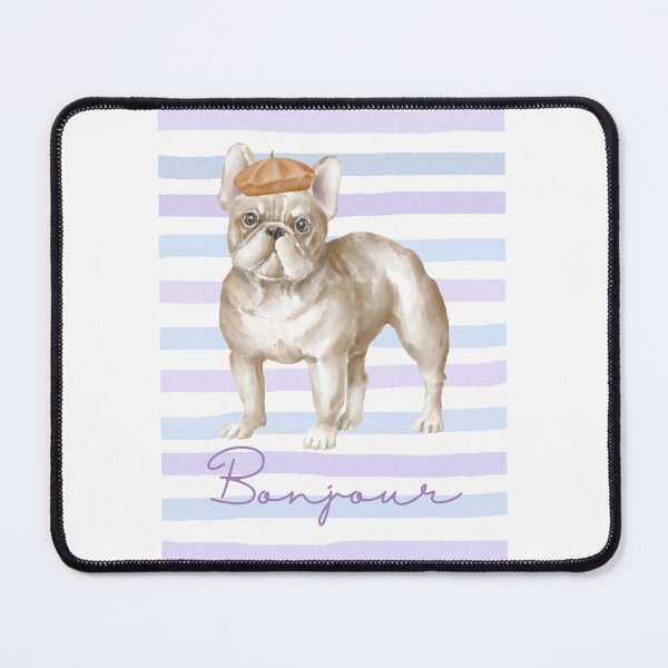 Item preview, French Bulldog in watercolour against a lilac and baby blue striped background designed and sold by Britishdelights.