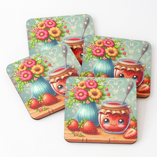 Item preview, Smiling Strawberry Jam – Cute Cartoon Kitchen Scene with Flowers and Berries designed and sold by EmeraldeaArt.