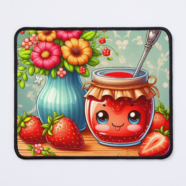 Item preview, Smiling Strawberry Jam – Cute Cartoon Kitchen Scene with Flowers and Berries designed and sold by EmeraldeaArt.