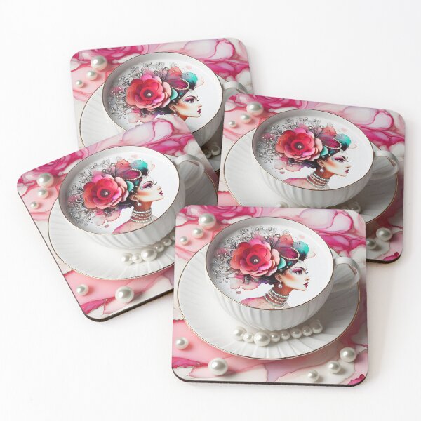 Item preview, Floral Lady with Coffee Art – Rosy Marble Elegance designed and sold by EmeraldeaArt.