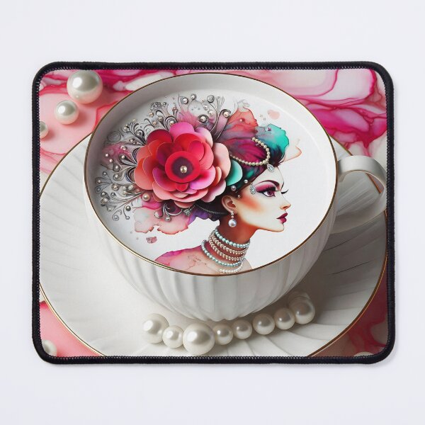 Item preview, Floral Lady with Coffee Art – Rosy Marble Elegance designed and sold by EmeraldeaArt.