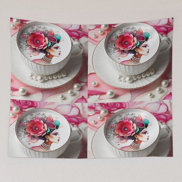 Item preview, Floral Lady with Coffee Art – Rosy Marble Elegance designed and sold by EmeraldeaArt.