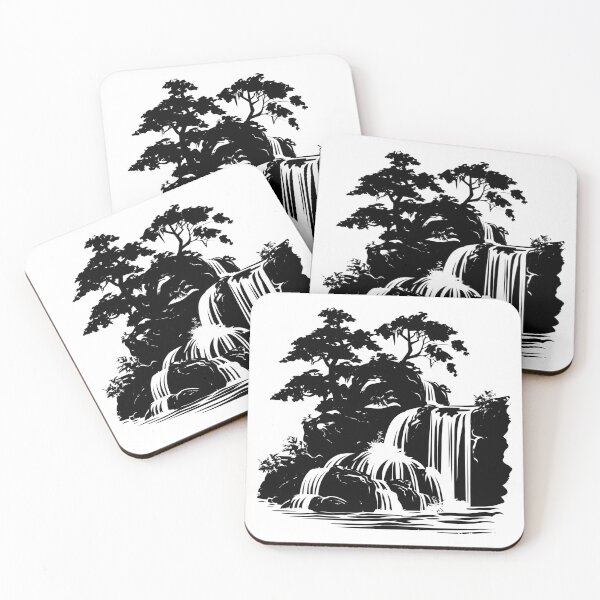 Item preview, Waterfall Landscape Silhouette – Zen Nature Scene in Black and White designed and sold by inkoutninja.