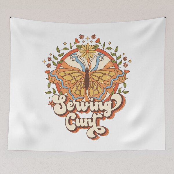 Item preview, Retro Butterfly Illustration with Groovy “Serving Cun” Text | Funny 70s Vibe Design | Playful Vintage Typography | Bold Nostalgic Humor Graphic | Colorful Psychedelic Aesthetic designed and sold by PaintedPixels01.