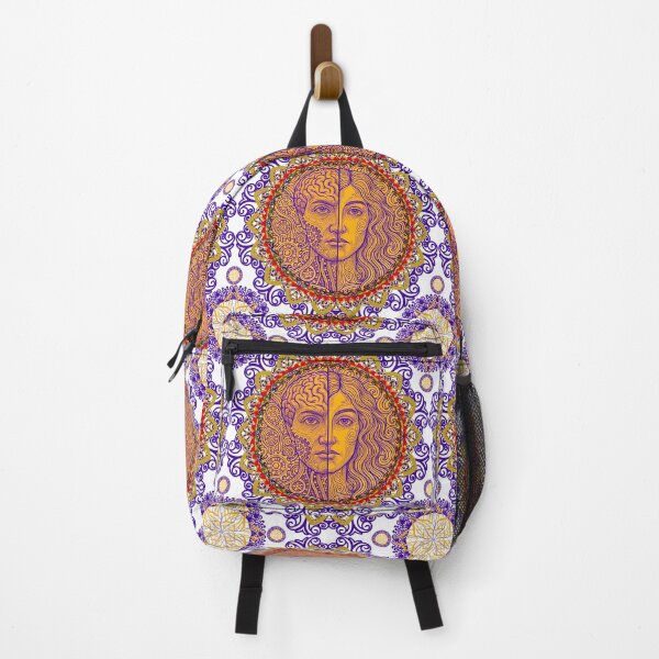 Item preview, Dual Mind Mandala Seamless Pattern – Surreal Brain & Face Symmetry in Gold and Purple Line Art designed and sold by SnarkyTextStudiO.