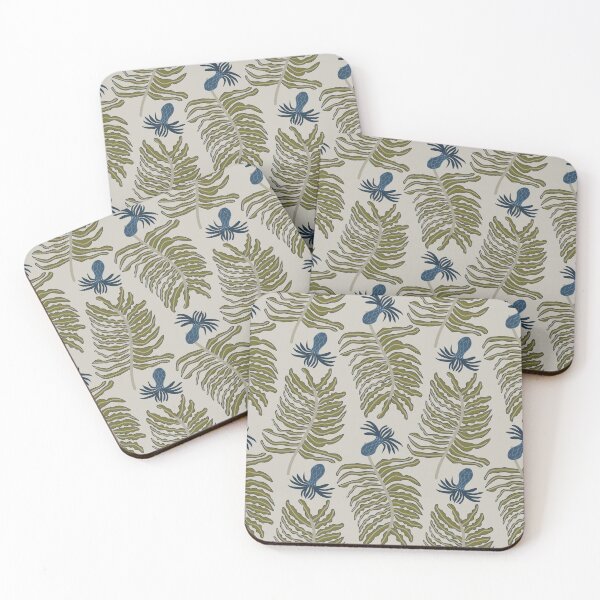 Item preview, Palm leaves and blue flowers all over pattern designed and sold by RRuffieuxStudio.