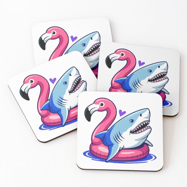 Item preview, Cartoon Great White Shark in Pink Flamingo Pool Float designed and sold by MonkiFlipp.