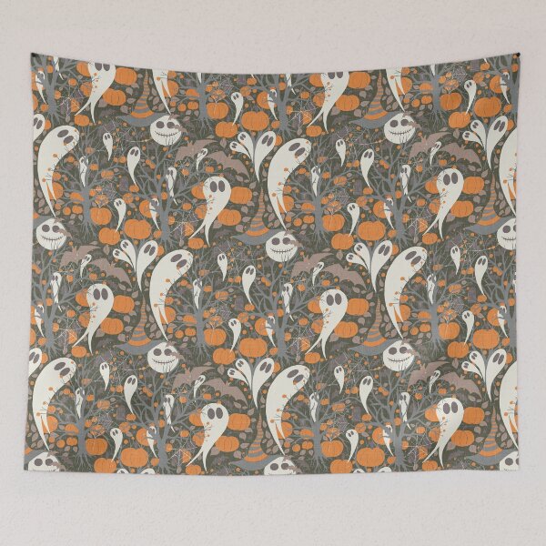Item preview, Retro Halloween pattern with cute ghosts and pumpkins on olive background designed and sold by Sonja Birkelbach.
